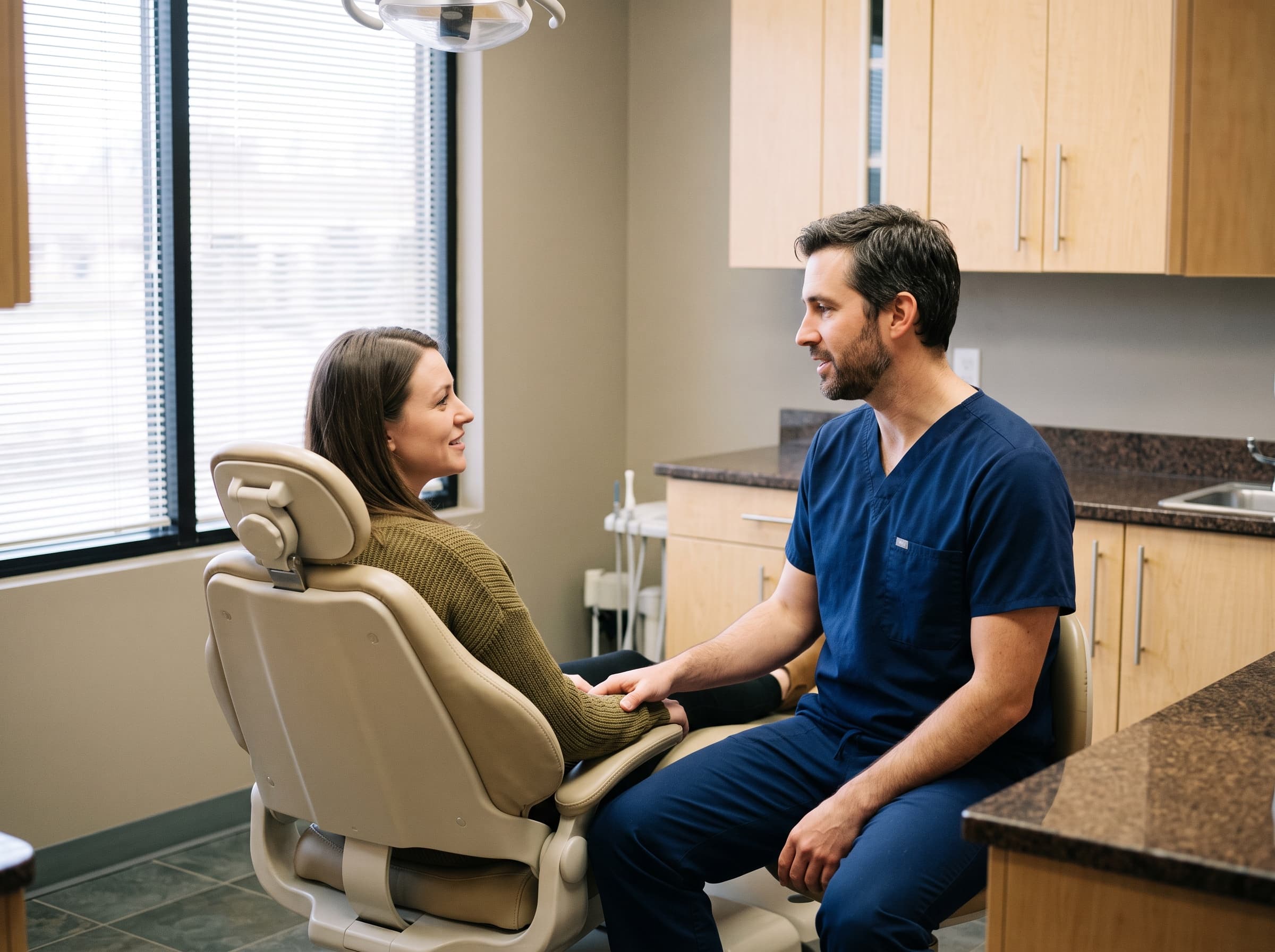 A clinician seated at the side of the treatment chair with a hand resting on a woman patient's arm, the two talking and smiling under the raised overhead light