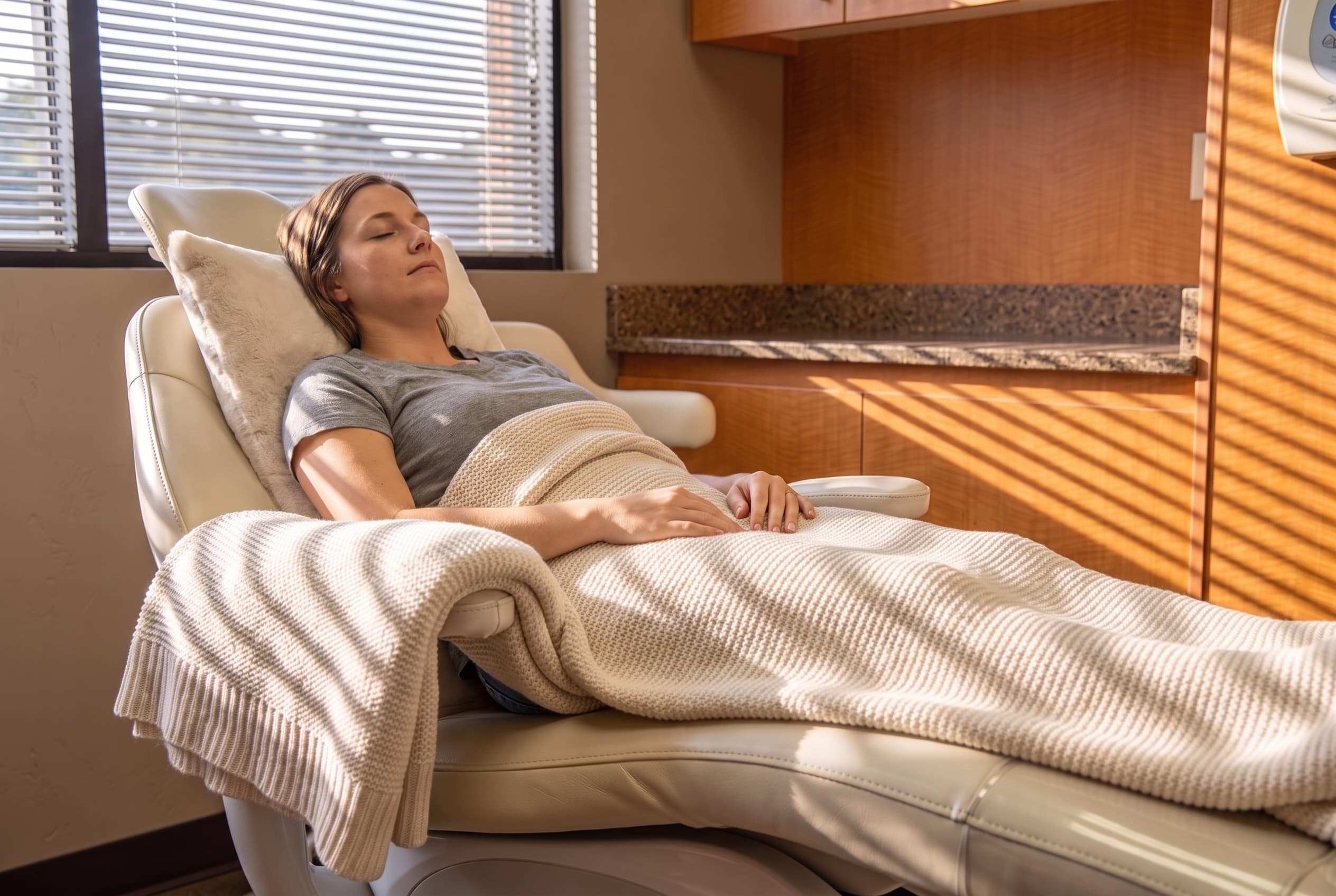 A patient resting in the treatment chair under a knit blanket, eyes closed, in warm afternoon light