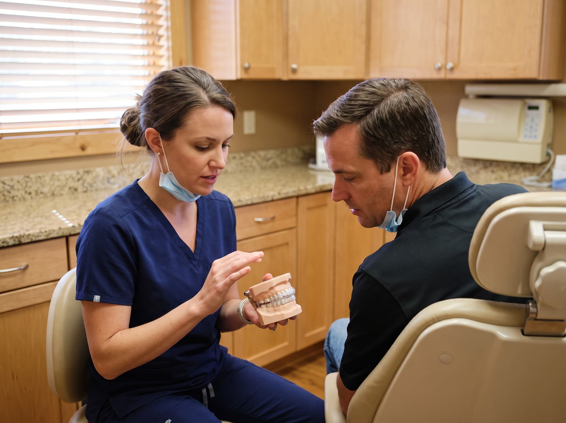 A team member in scrubs holding an articulated dental model with a clear guard fitted over the teeth, pointing at it as a man in the treatment chair leans in to look