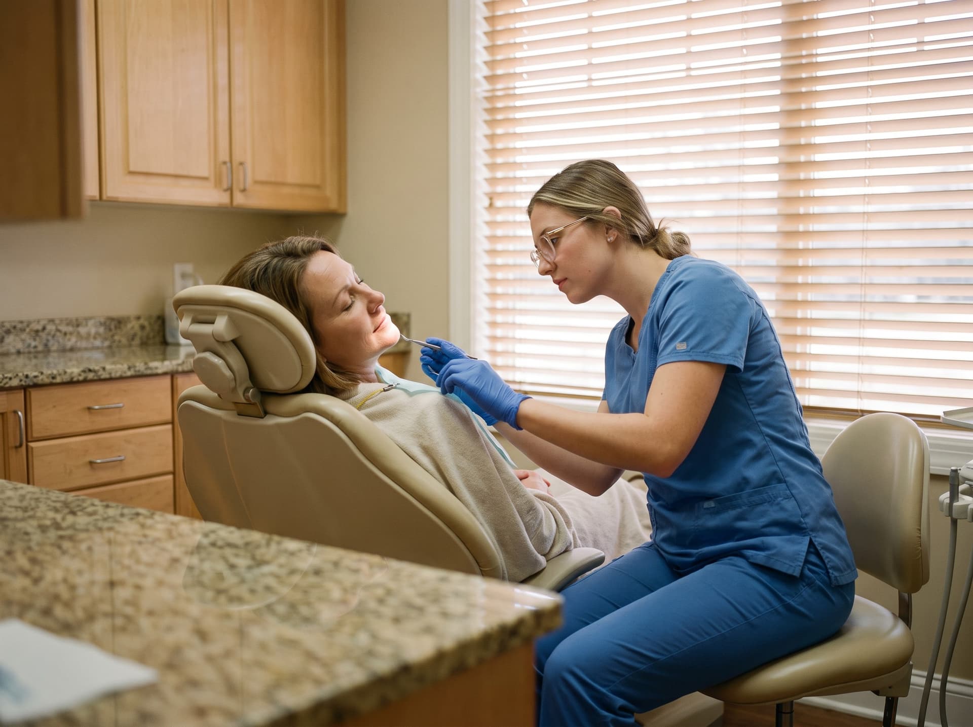 A hygienist in blue scrubs seated at chairside cleaning the teeth of a reclined patient, a granite counter running across the foreground and daylight through the blinds