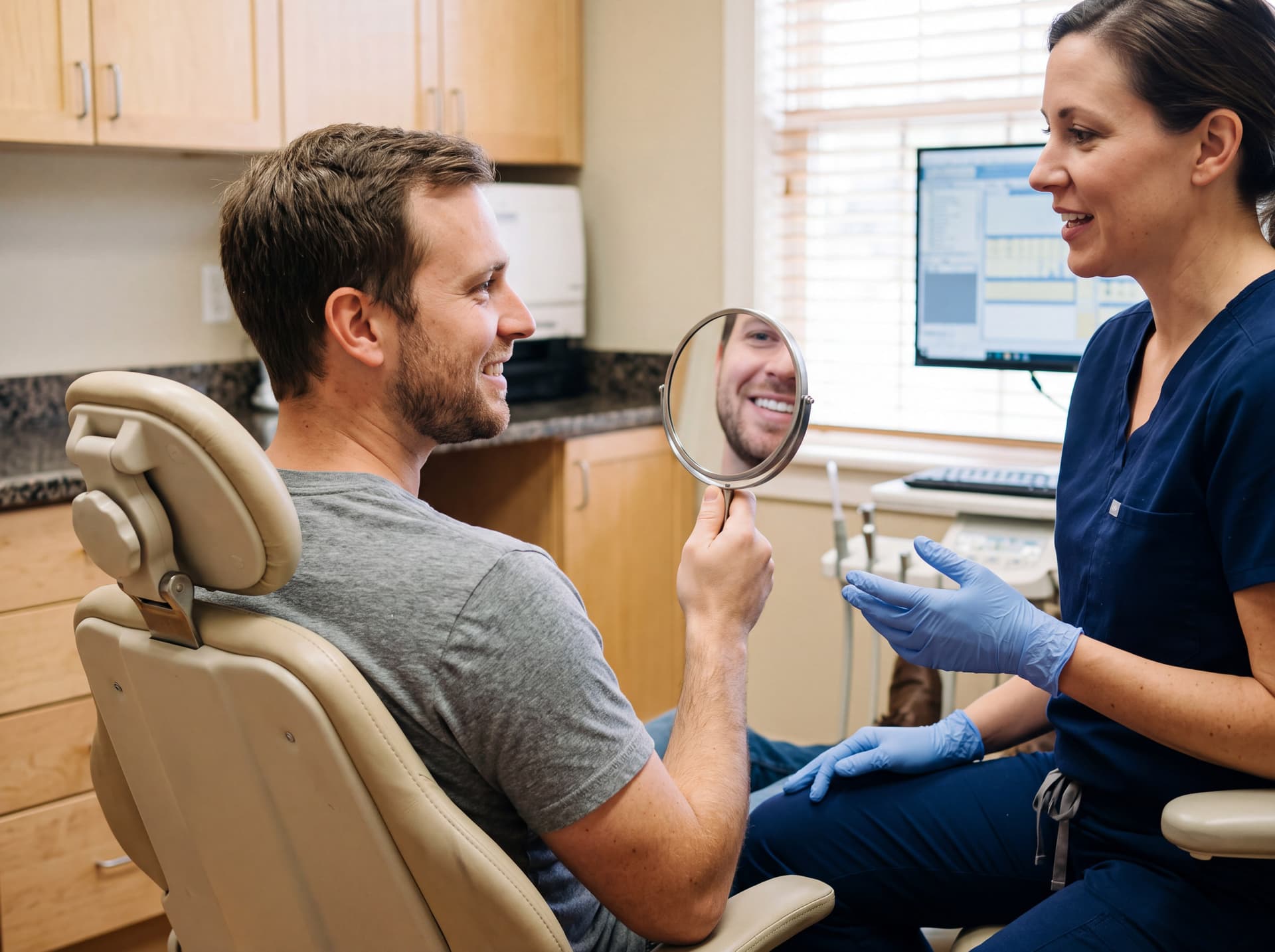 A man in the treatment chair holding a round hand mirror up to his own smile while a clinician in scrubs sits beside him, gesturing as she talks