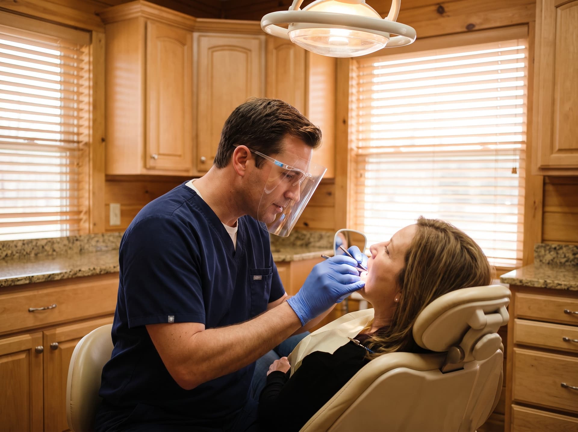 A clinician in a clear face shield examining a reclined patient's teeth with a dental mirror, the overhead examination light lowered above them