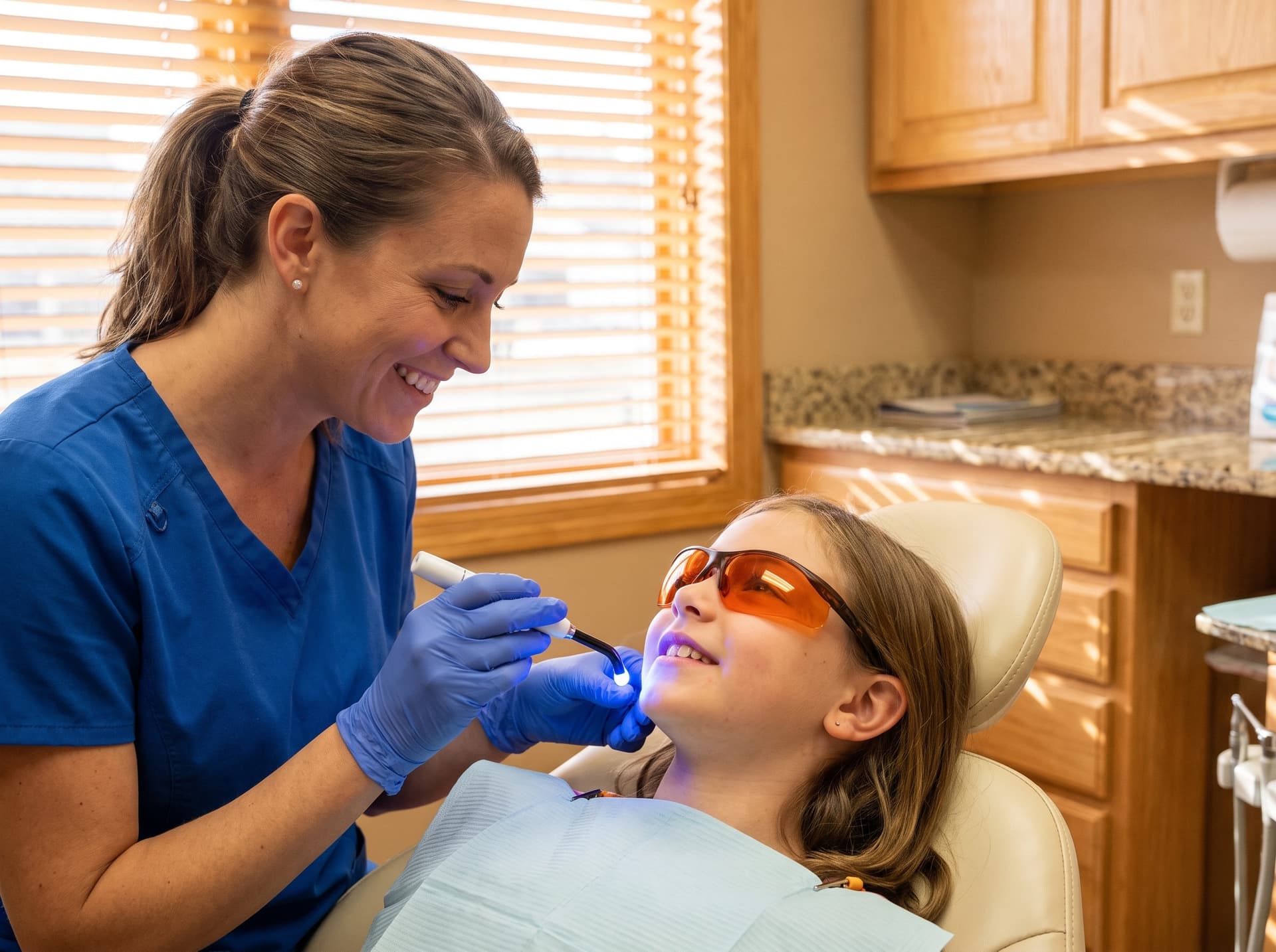 A hygienist curing sealant on a young girl's back teeth with a blue curing light, the girl in orange protective glasses and smiling