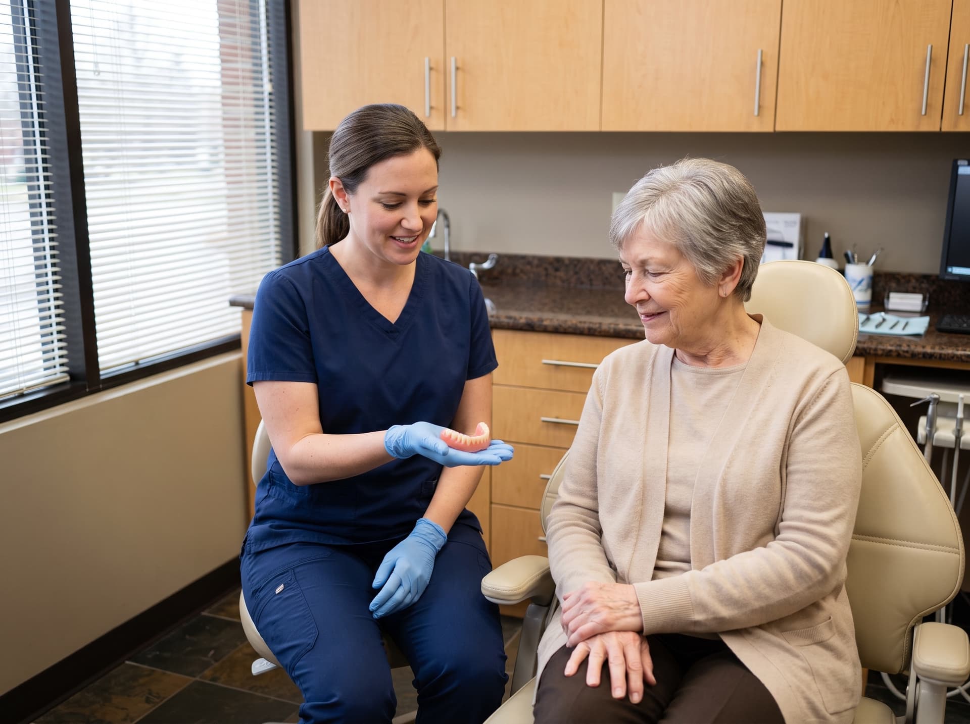 A team member in scrubs resting an acrylic denture on her gloved palm as an older woman in the treatment chair looks at it, both of them smiling