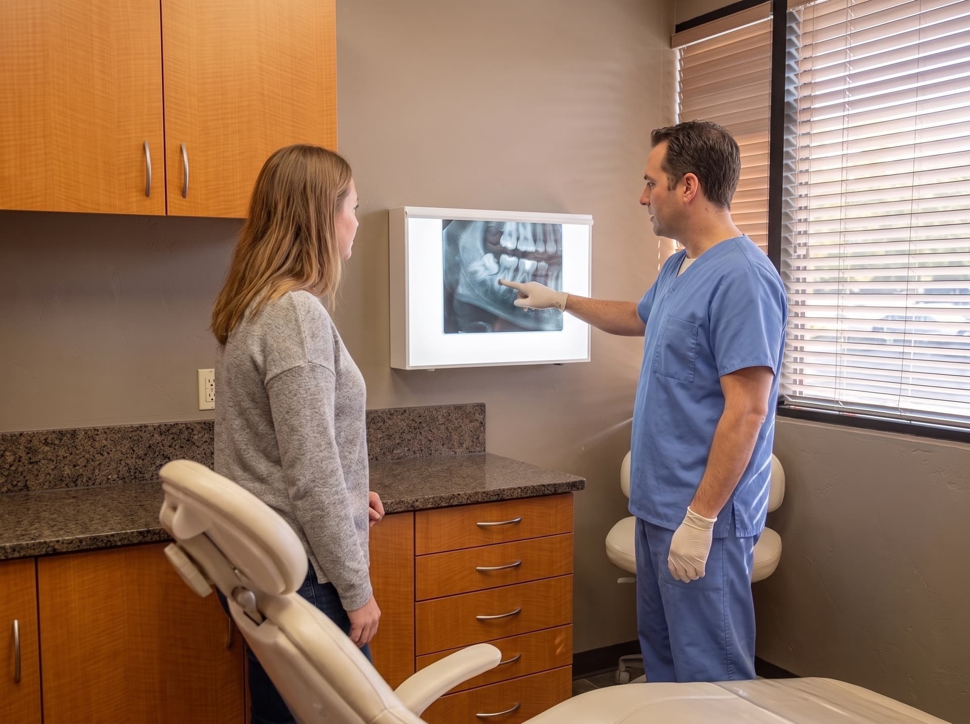 A clinician pointing at a lower molar on a dental radiograph lit on a wall viewbox while a woman standing beside him follows his finger