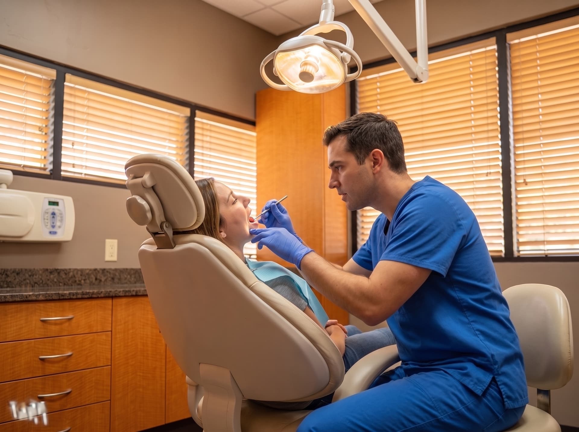 A clinician examining a patient's soft tissue with a dental mirror under the overhead examination light