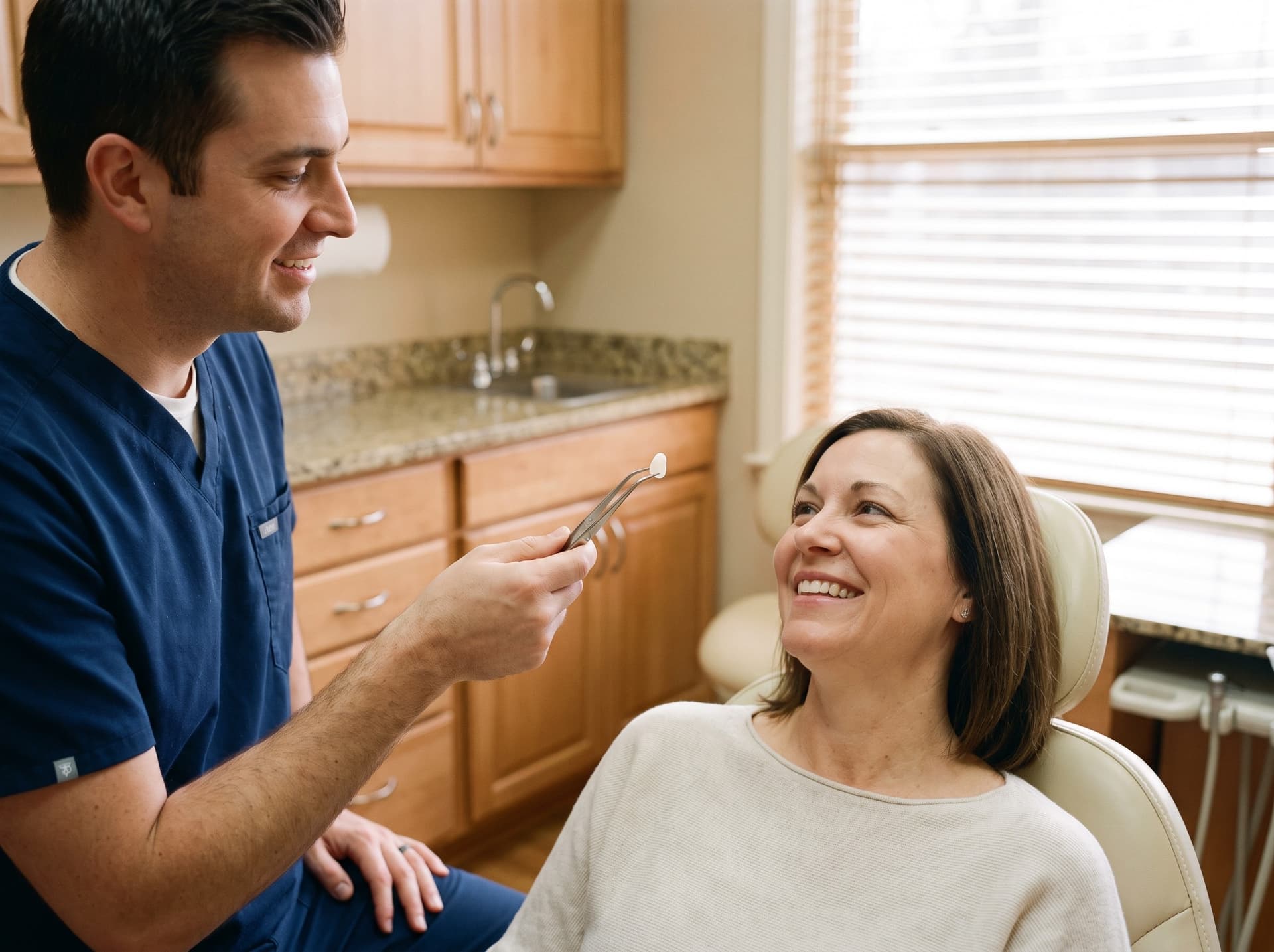 A clinician holding a single tooth-coloured porcelain veneer in fine tweezers while a smiling woman in the treatment chair looks up at it