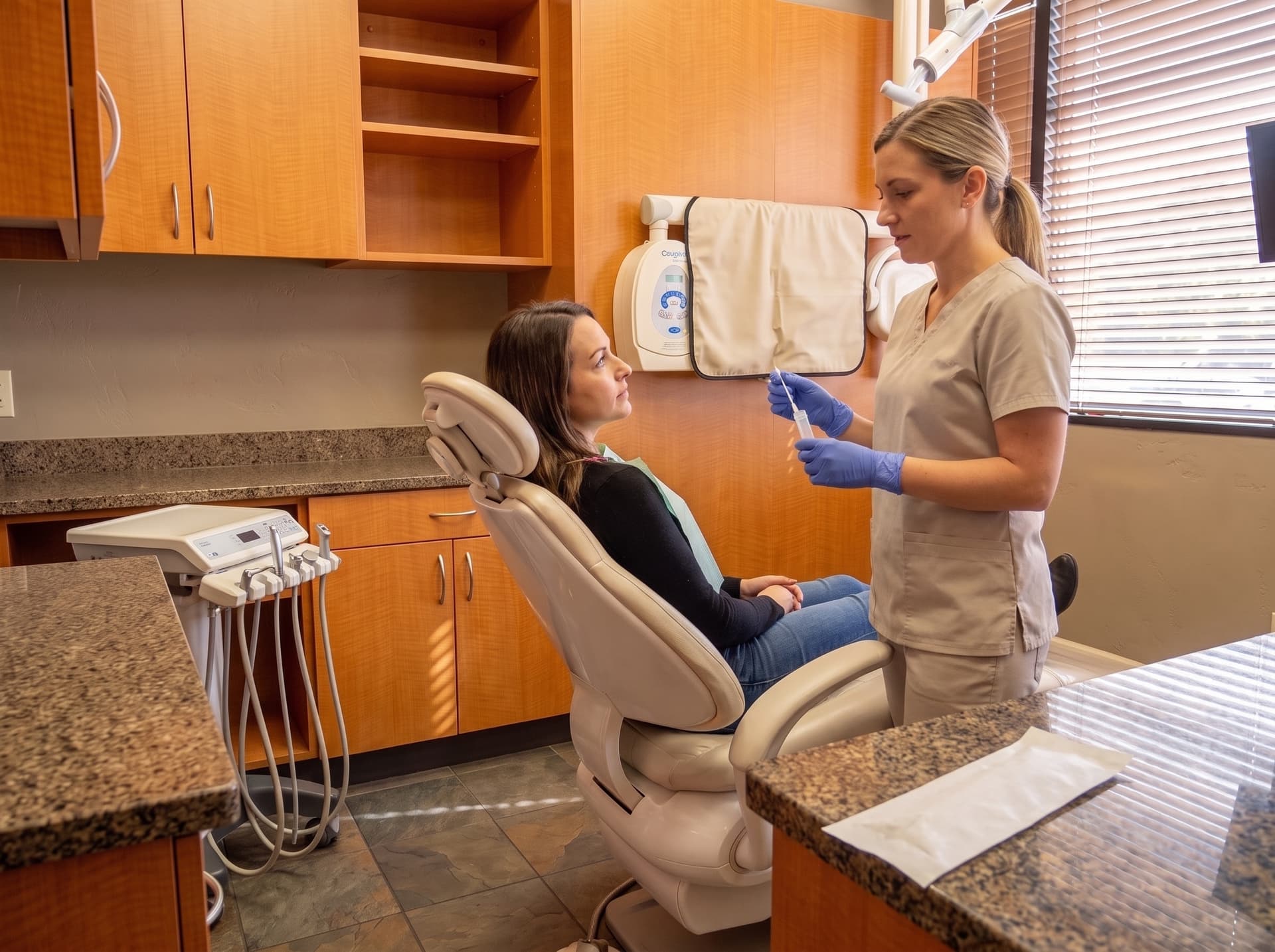 A hygienist holding a collection vial and a sterile swab, explaining a saliva test to a seated patient