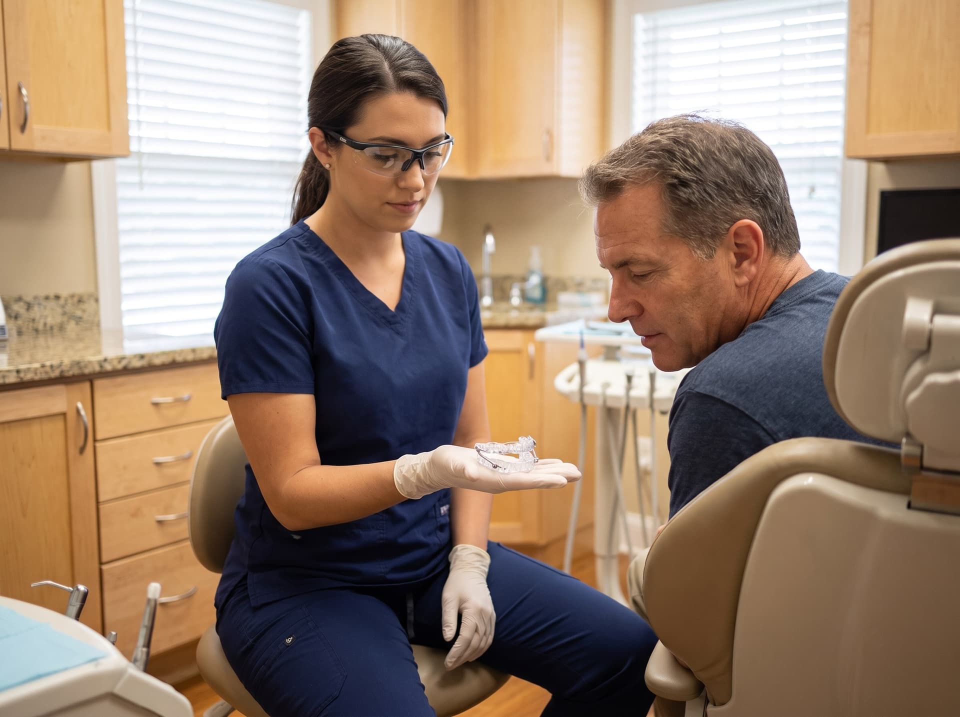 A team member in scrubs and safety glasses resting a clear plastic oral appliance flat on her gloved palm while a man in the treatment chair leans over to look at it