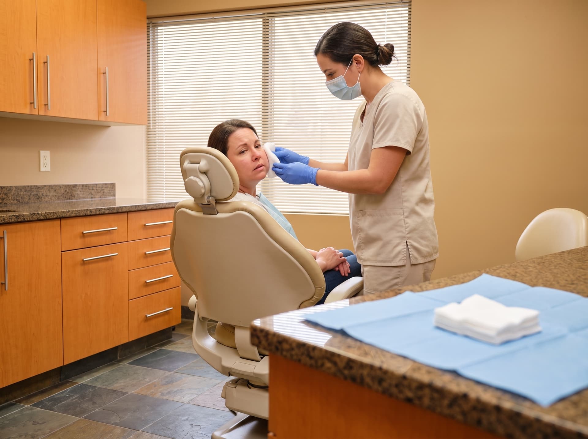 A team member in a mask holding folded gauze against the cheek of a woman in the treatment chair, more folded gauze on a blue field in the foreground