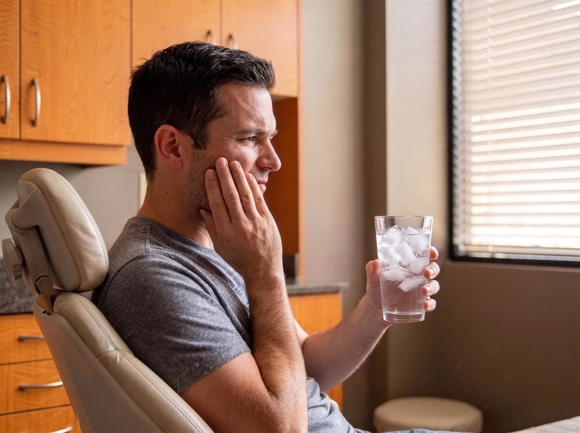 A man seated in the treatment chair holding a glass of ice water, a hand pressed to his cheek