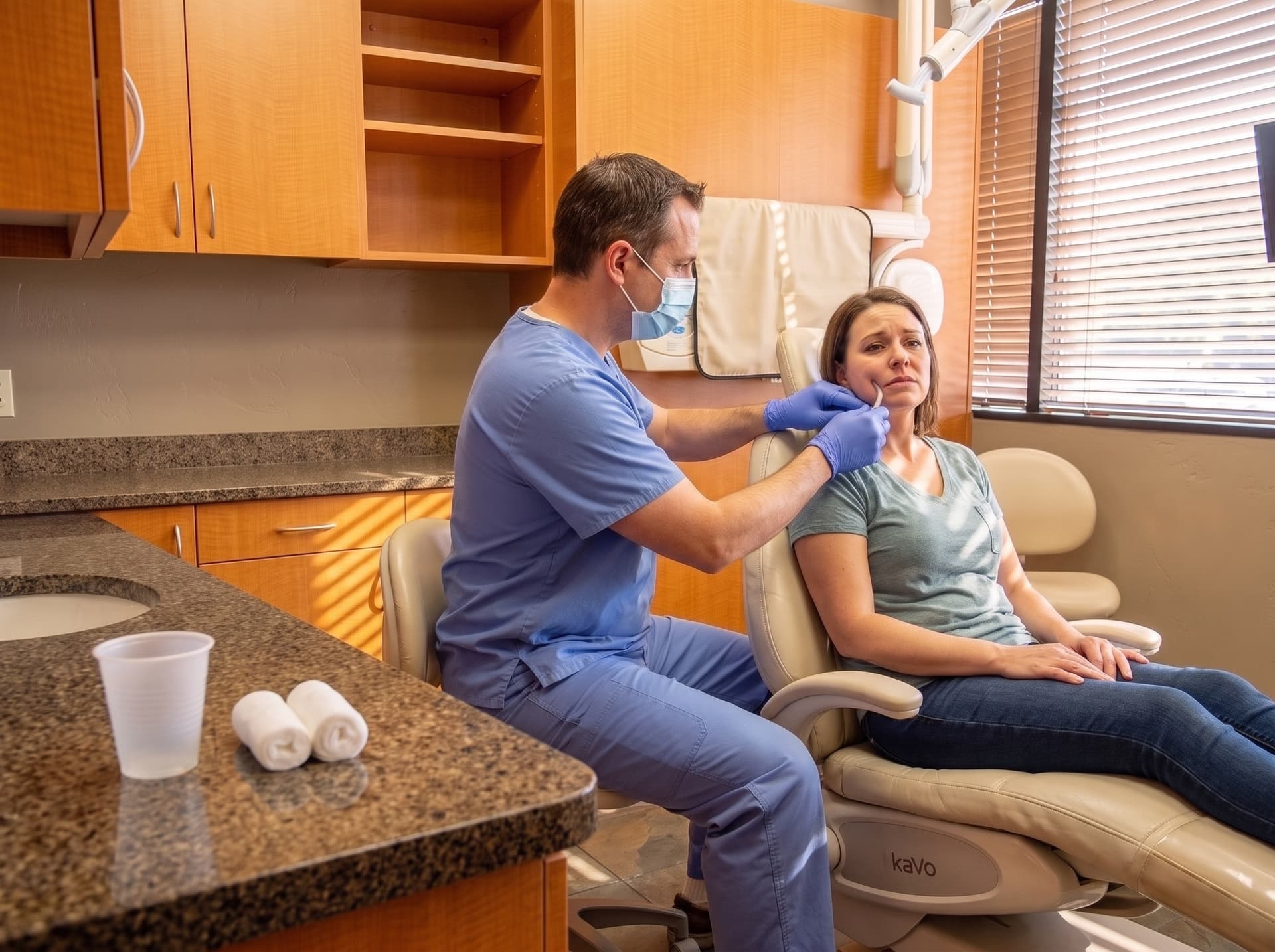 A clinician examining a patient's jaw, a rinse cup and gauze rolls on the counter in the foreground