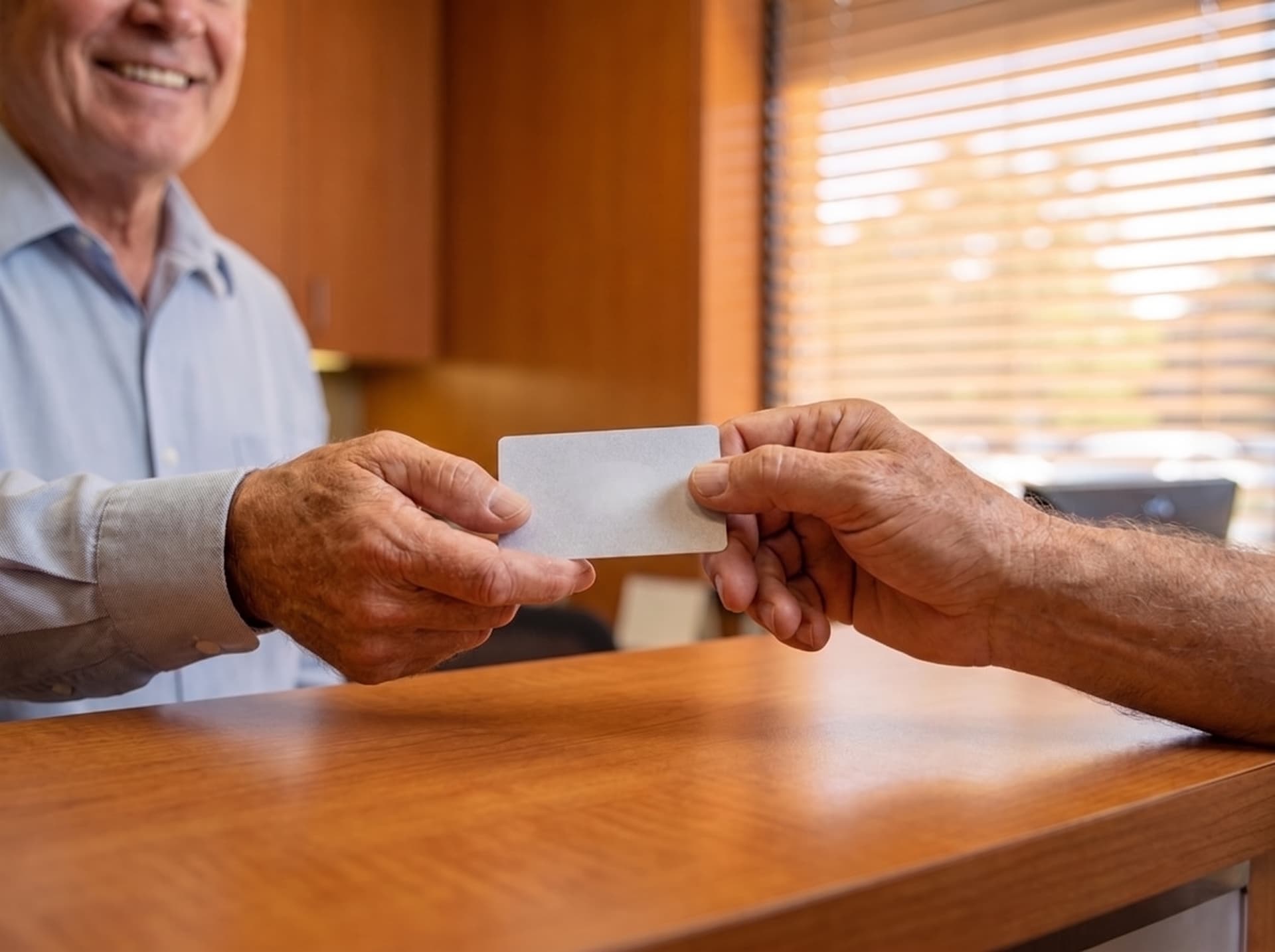 Close view of a smiling older man handing a plain white card across the wooden reception counter to a team member's hand