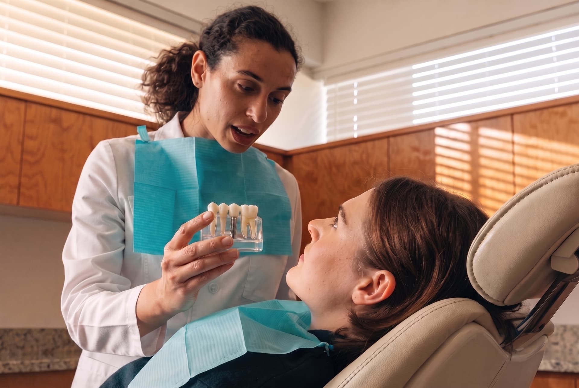 A clinician holding a small transparent jaw model with an implant fixture, showing it to a patient reclined in the chair