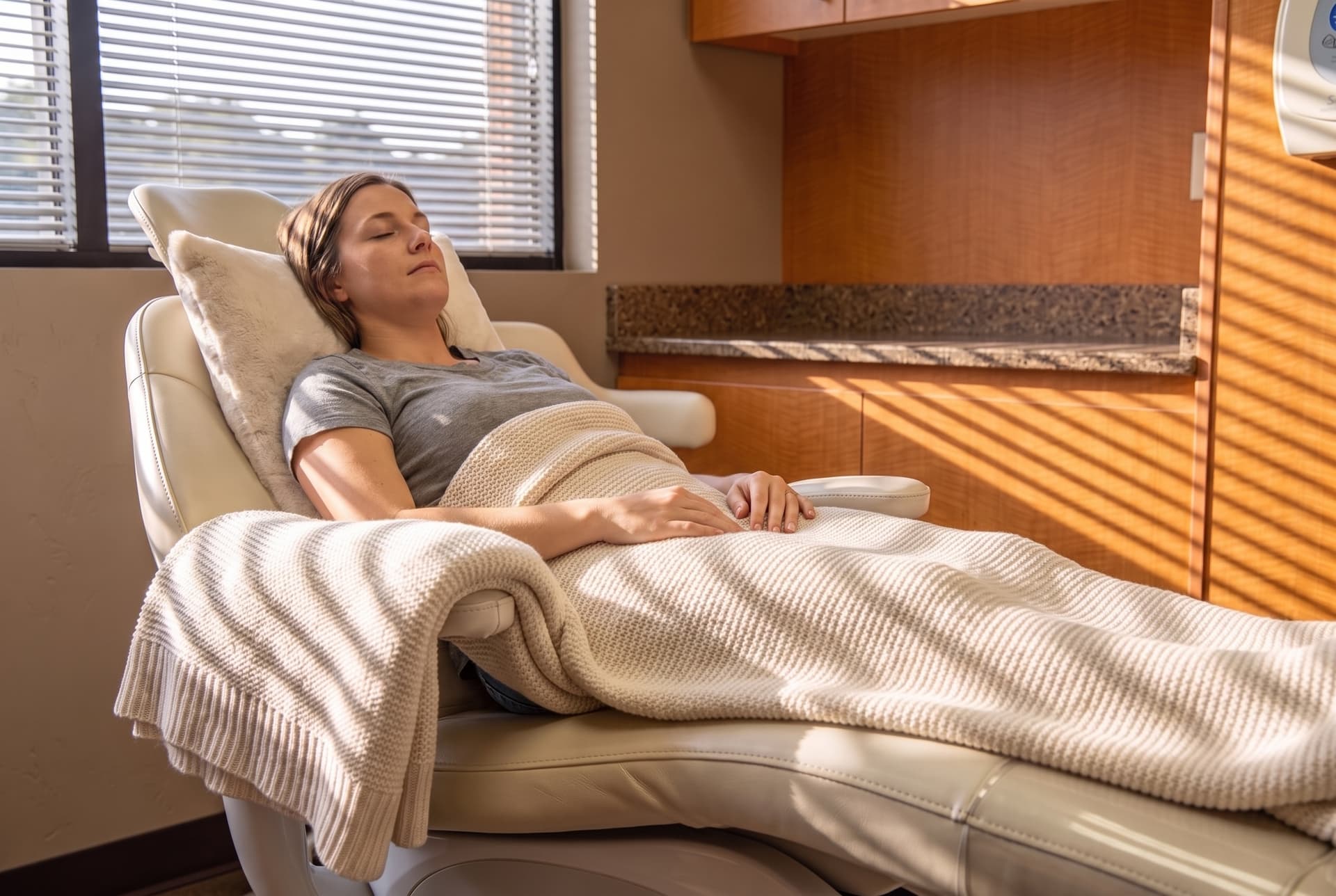 A patient resting in the treatment chair under a knit blanket, eyes closed, in warm afternoon light