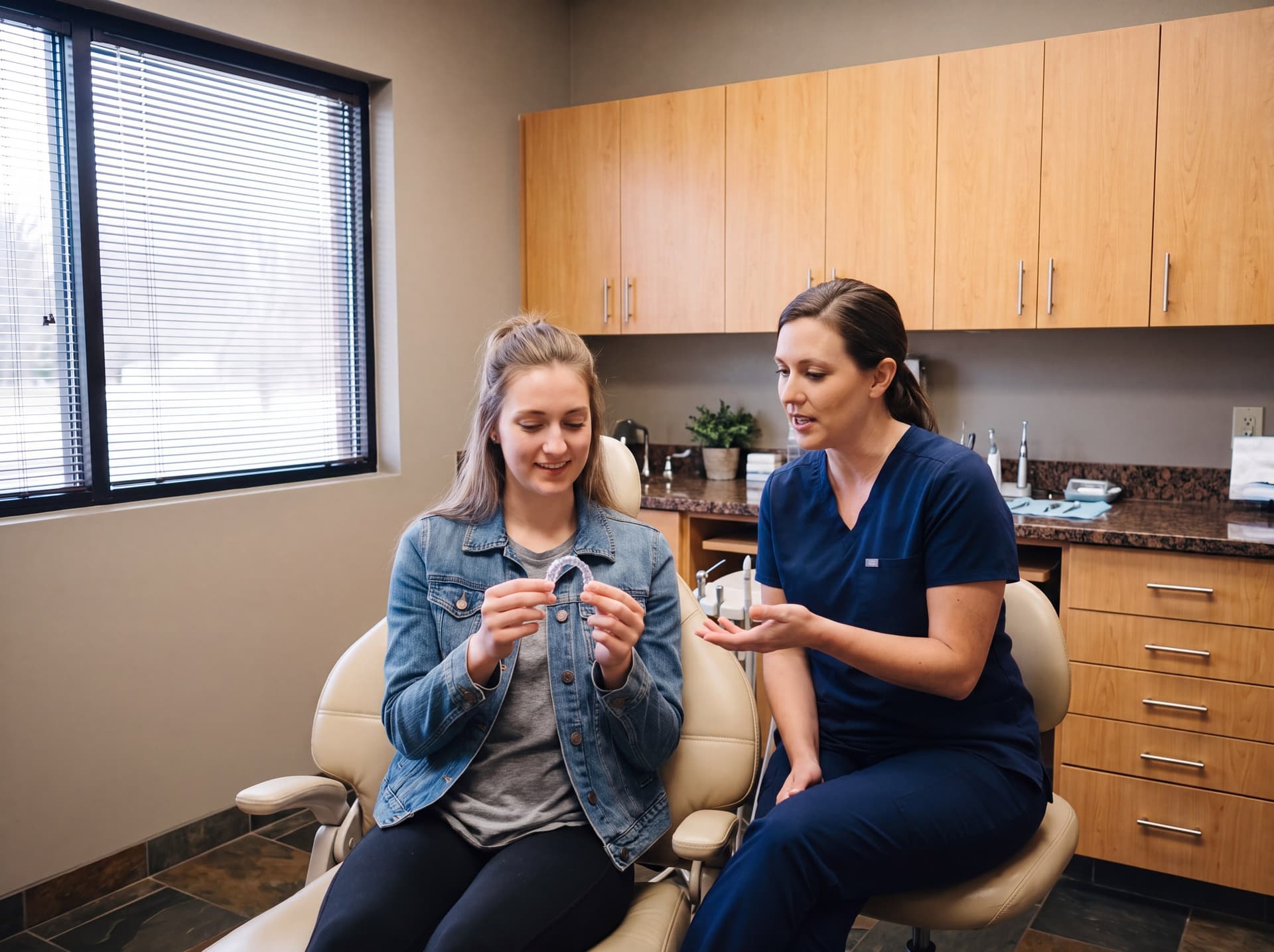 A young woman seated back in the treatment chair holding a clear aligner tray in both hands while a clinician on a stool beside her explains it