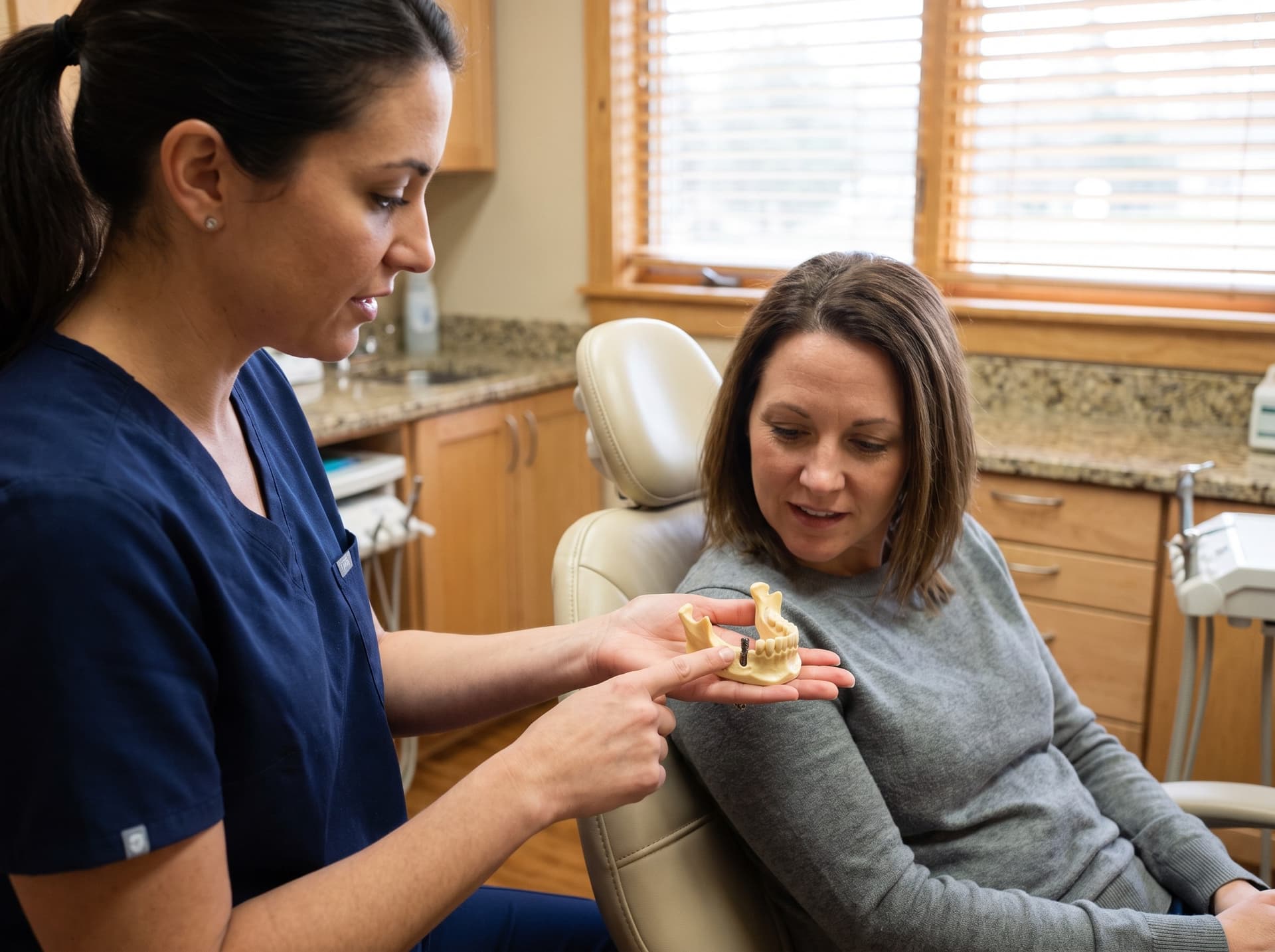 A team member in scrubs resting a lower-jaw model with an implant in place on her open palm and pointing to it while a woman in the treatment chair looks on