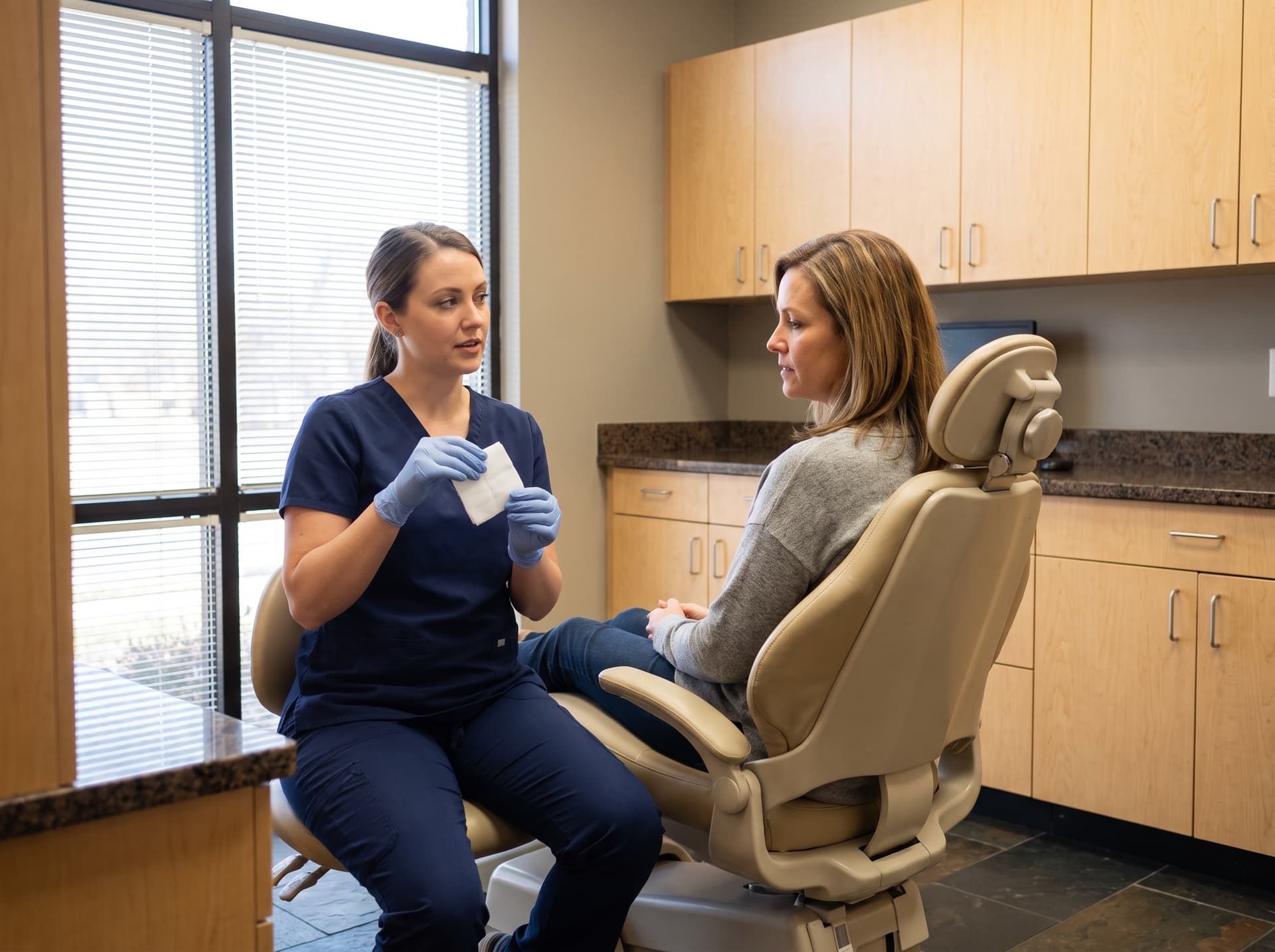 A team member in scrubs holding a folded gauze pad between gloved hands while talking with a woman seated in the treatment chair beside her